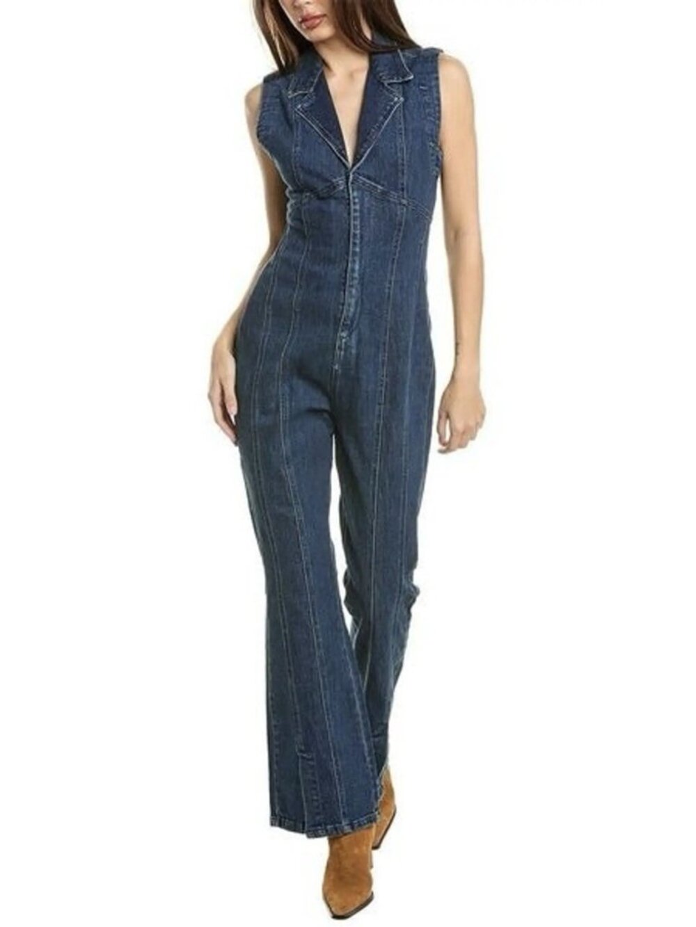 Free People We The Free Curvy Denim Jumpsuit Women’s M Blue Sleeveless Flare
